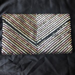 Sequin clutch gold silver and pink on black satin